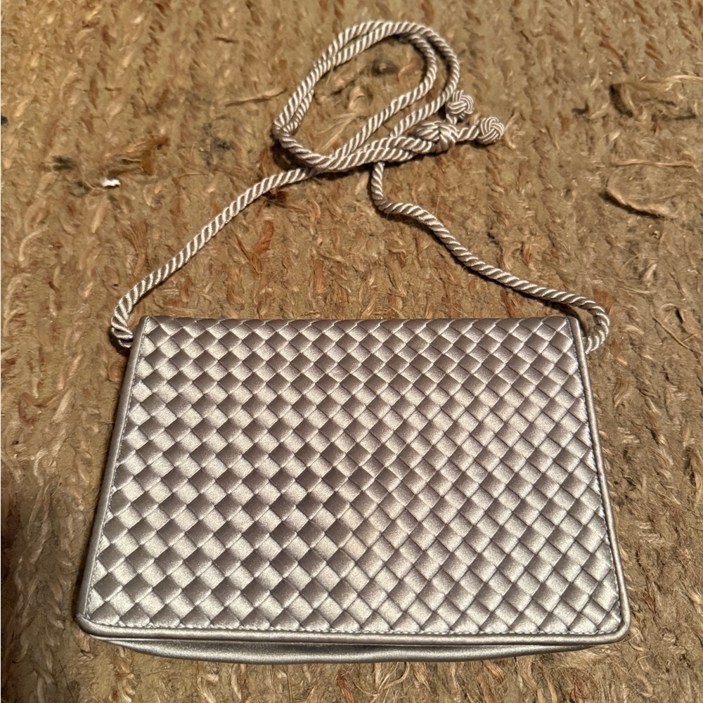Bottega Veneta 2000 Silver Woven Silk Clutch Crossbody NWT Auth